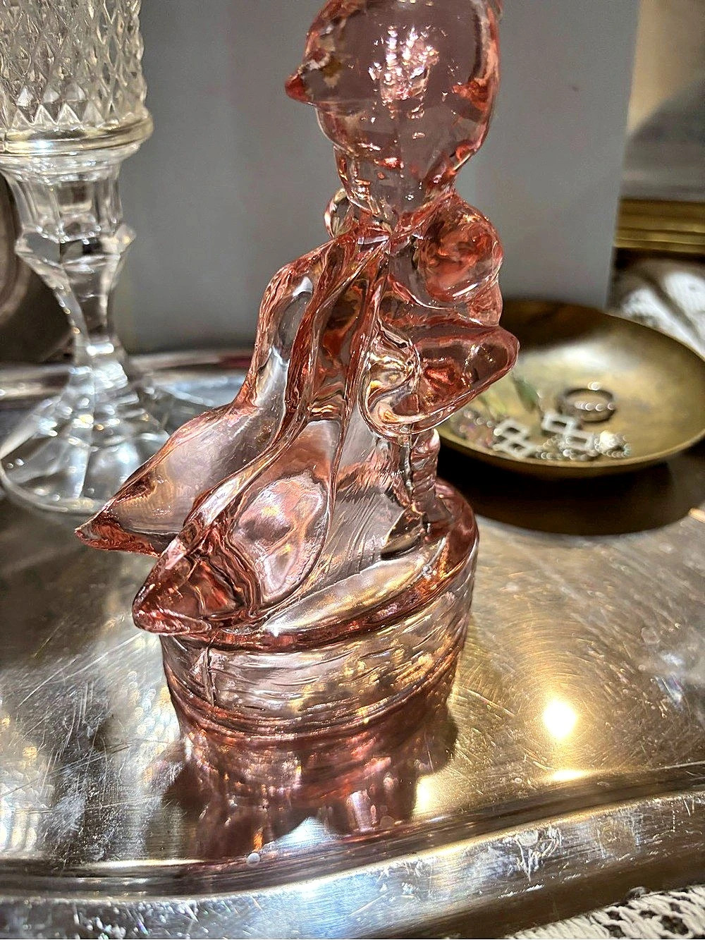 Vintage Pink Glass Goose Girl Figurine 🎀 Coquette Bedroom Vanity Table Decor